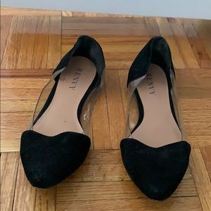 Renvy black suede pointed toe flats, clear sides